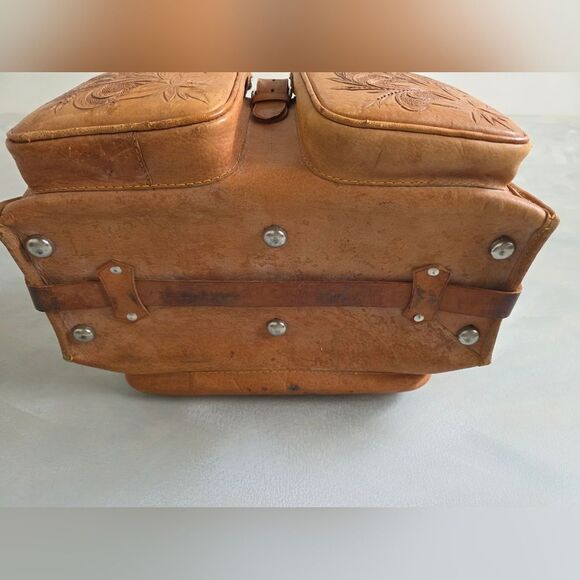 Tooled Leather Weekender Overnight Travel Handcrafted Structured Travel Bag Tan - Picture 11 of 16